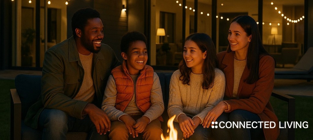 ALT Text:
A smiling family of four sits together outdoors in the evening, warmly lit by a firepit or cozy ambient lighting. The father, mother, and two children—one boy wearing an orange vest and one girl in a beige sweater—are enjoying a relaxed moment, surrounded by soft lighting and string lights in the background.